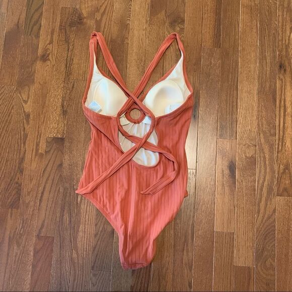 New KONA SOL Ribbed Orange Tie Back Swimsuit M - Picture 8 of 10